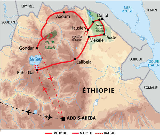 Itinéraire Du royaume d'Abyssinie au désert et volcans du Danakil