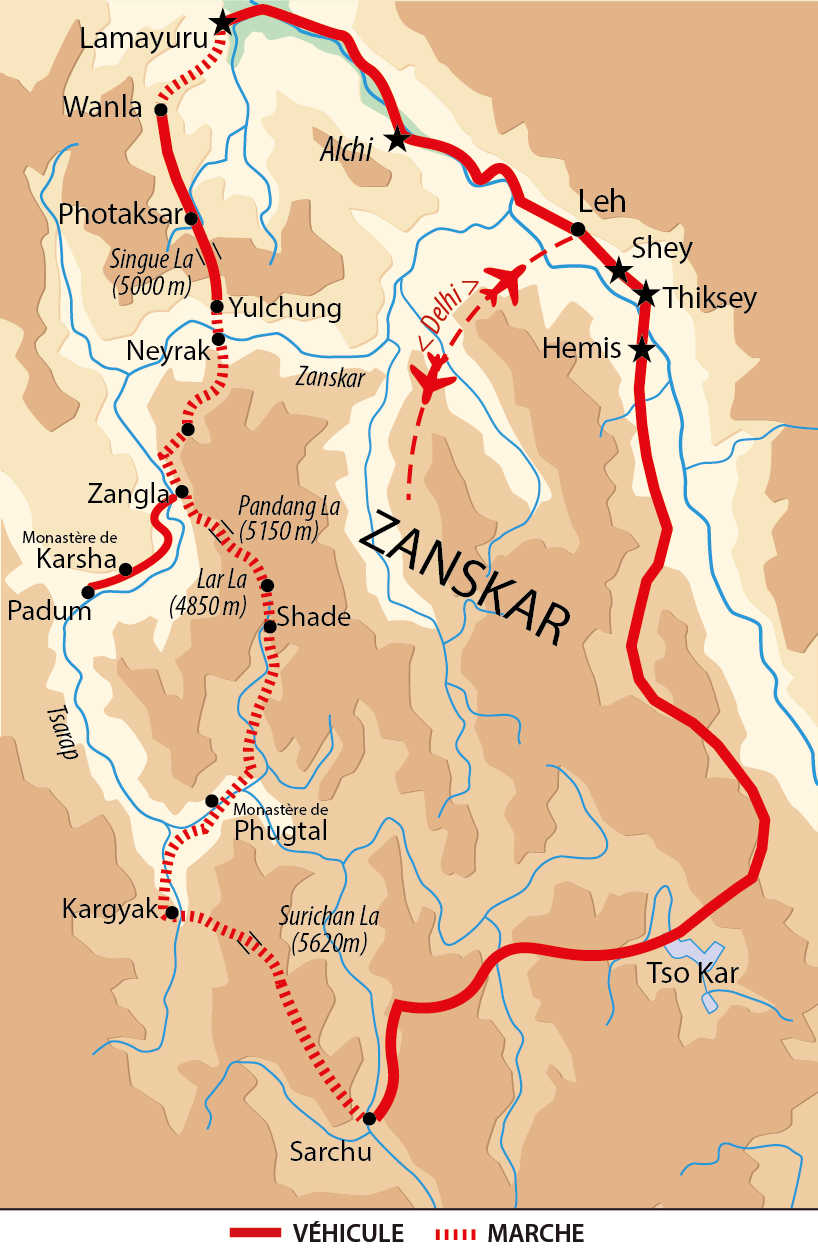Carte de la grande traversée du Zanskar en Inde Himalayenne