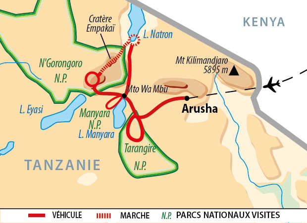 Itinéraire Trek du Ngorongoro au Lac Natron et safaris Masaï