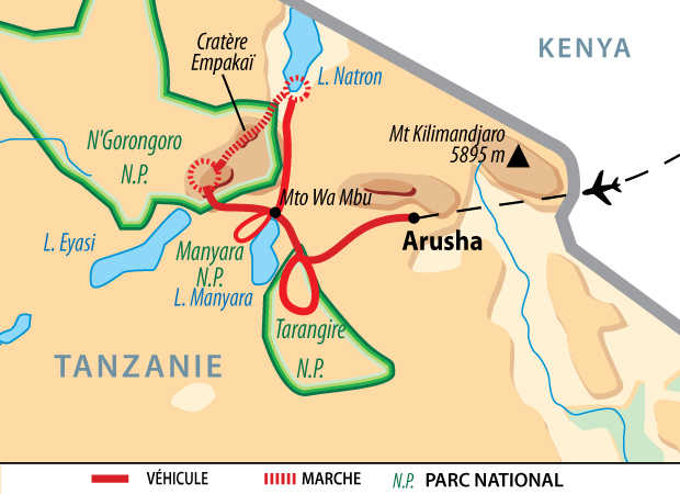 Carte de l'itinéraire rando et safaris en pays Masaï Tanzanie