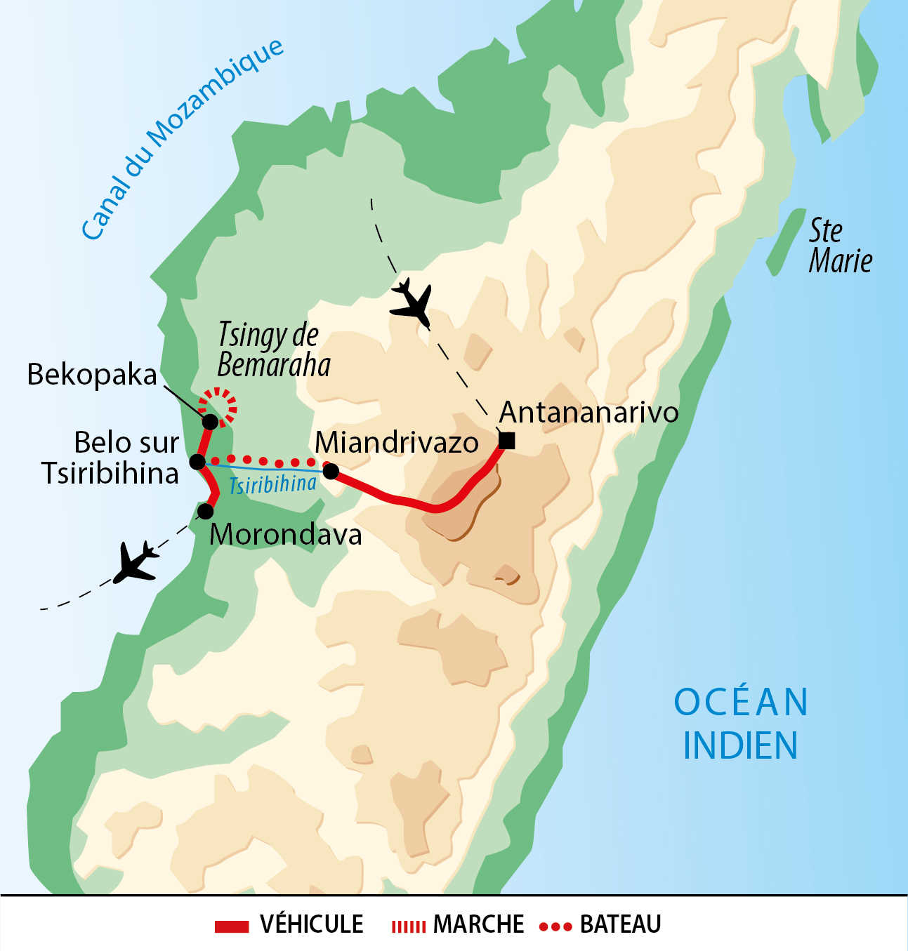 Carte de voyage à l'ouest de Madagascar : Rivière, Tsingy & Baobab