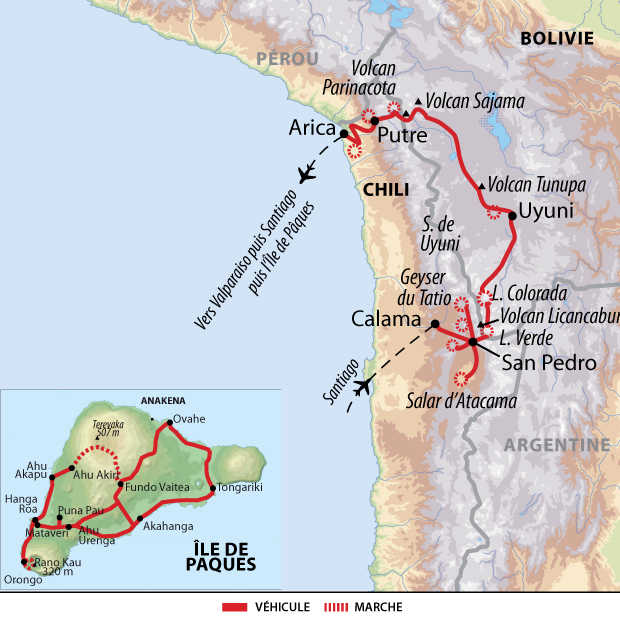 Carte de voyage désert d'Atacama, Sud Lipez et Île de Pâques