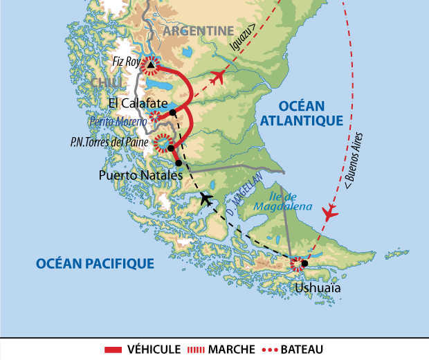 Carte de voyage en Patagonie, Argentine et Chili