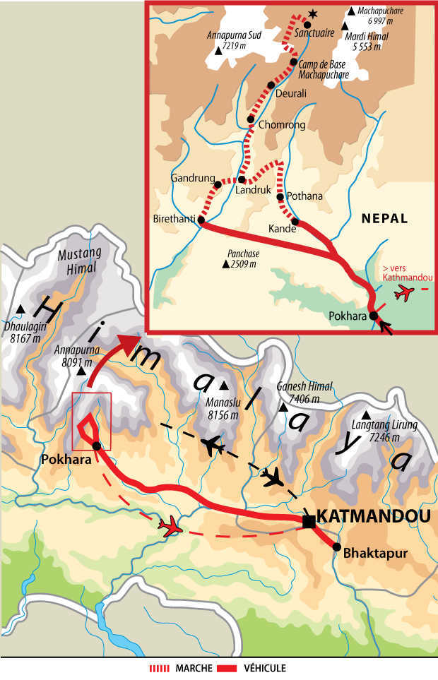 carte du trek au sanctuaire des Annapurnas au Népal