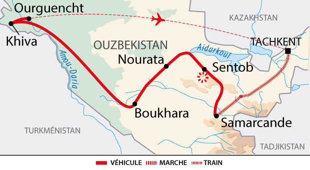 Carte du voyage AOUZ en Ouzbékistan