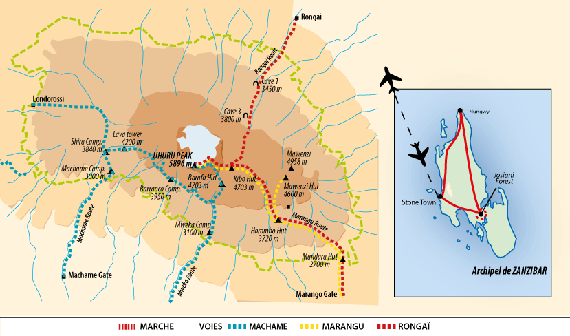 Carte du voyage Ascension du Kilimandjaro et Zanzibar en Tanzanie KILI2ZNZ