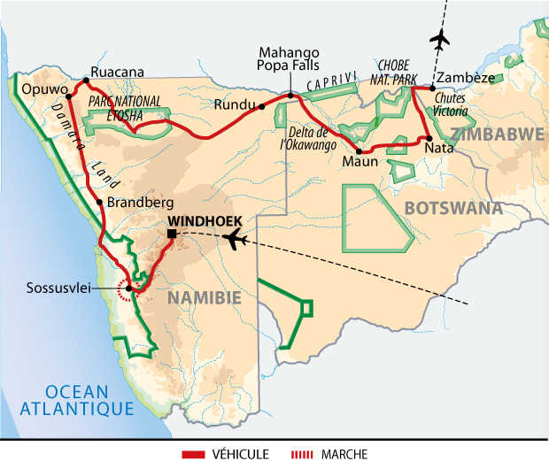 Carte du voyage entre Namibie, Botswana et Zimbabwe