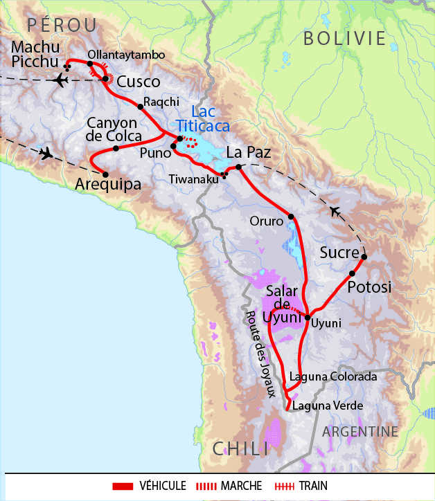 Carte du voyage entre Pérou et Bolivie