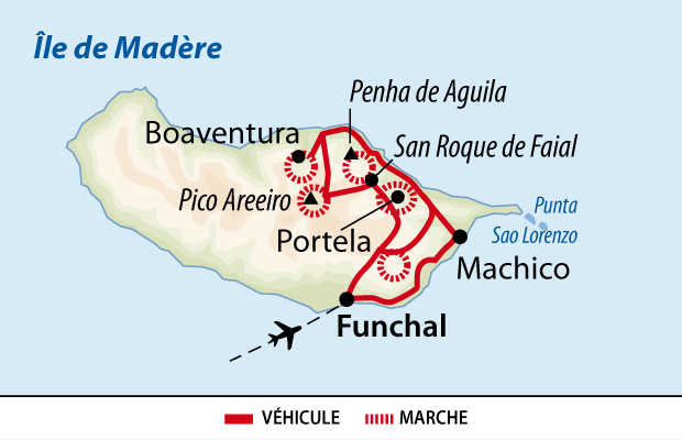 Carte d'un trek itinérant à Madère