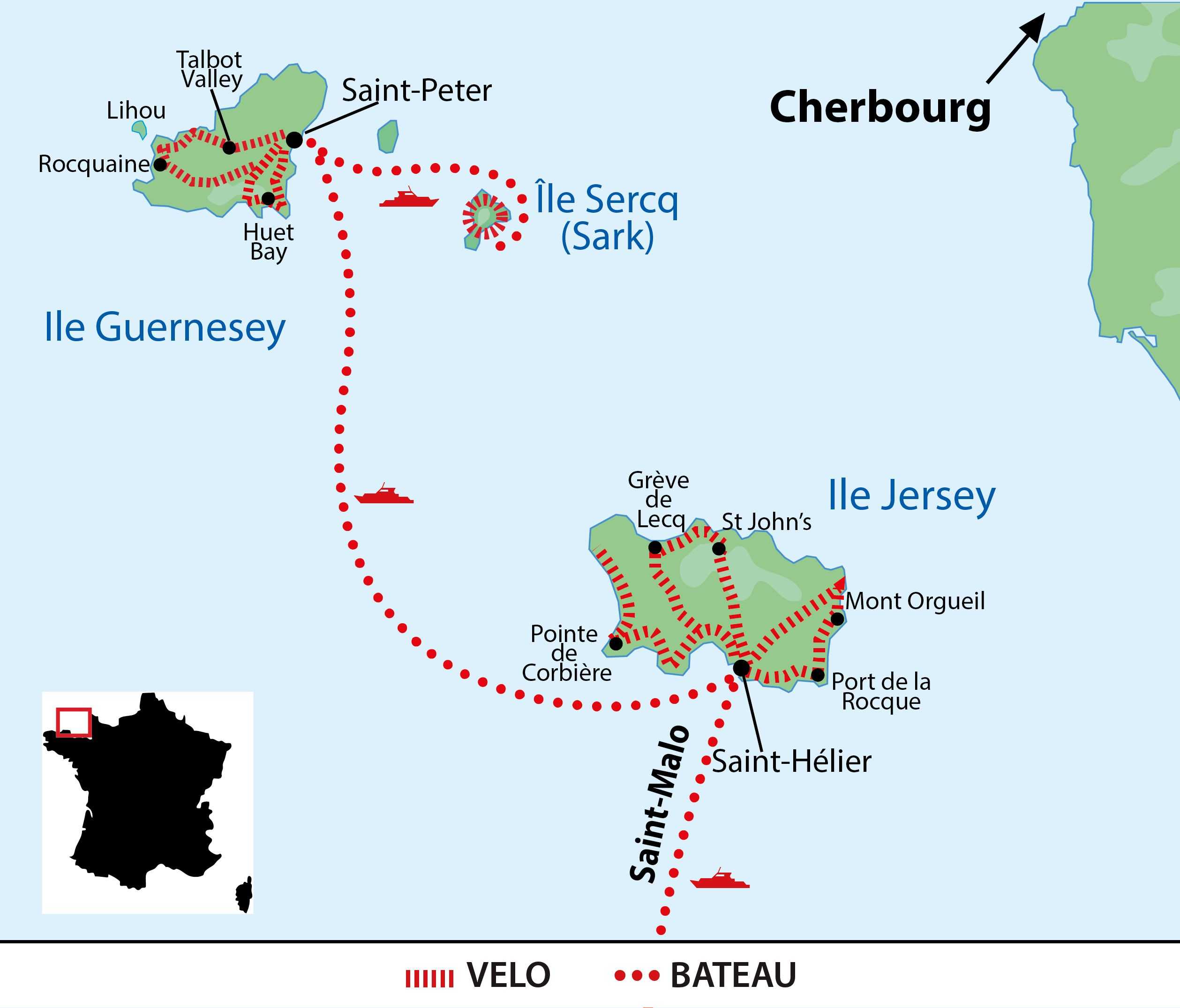 Carte Iles Anglo-Normandes - Jersey, Guernesey et Sercq (Sark) à vélo BMONTREK