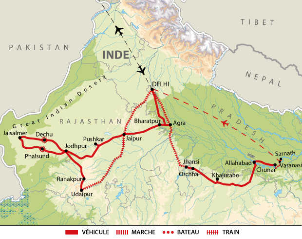 carte Inde - Rajasthan et les villes sacrées de la plaine du Gange IRAJVAR