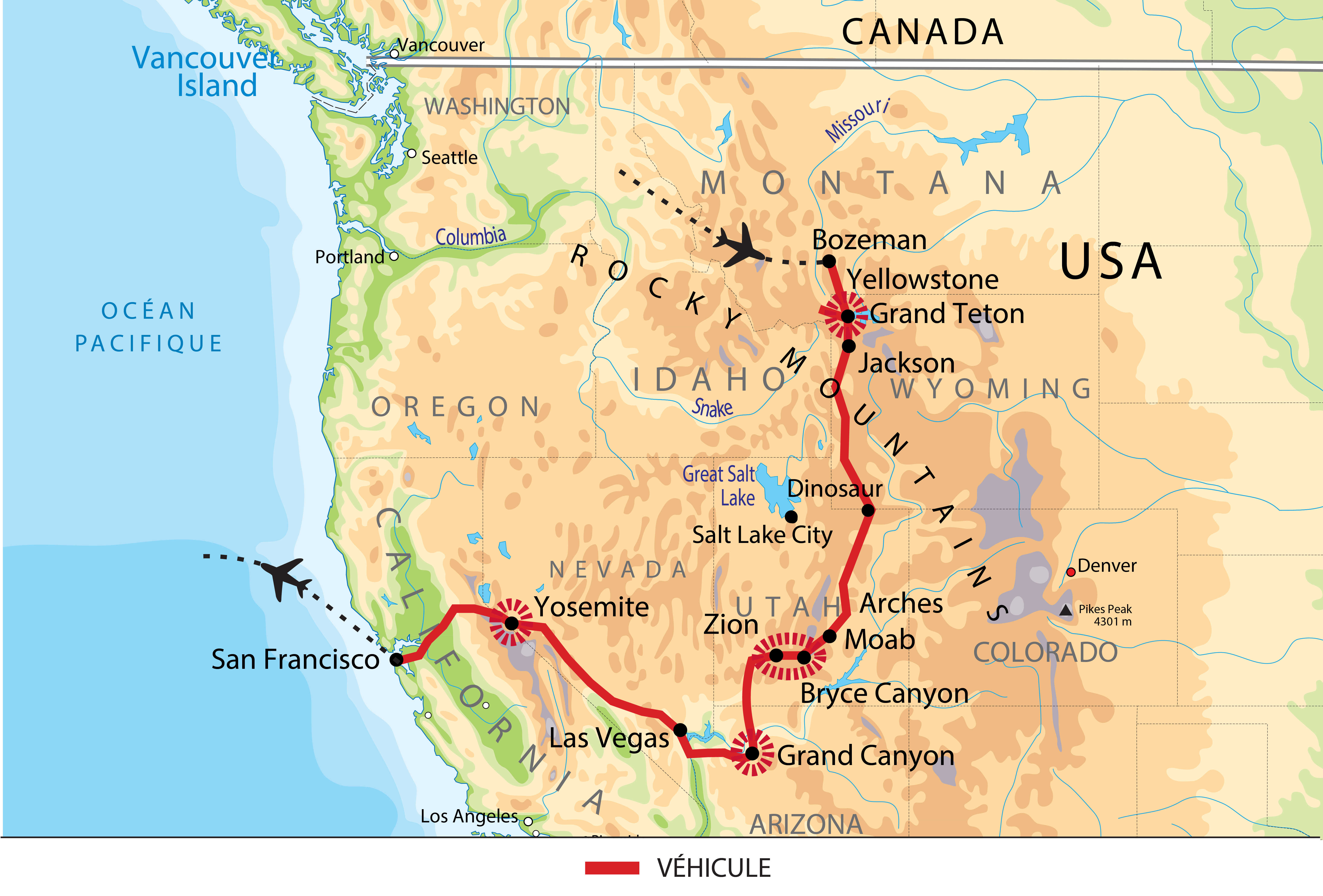 Carte : voyage de Yellowstone à San Francisco