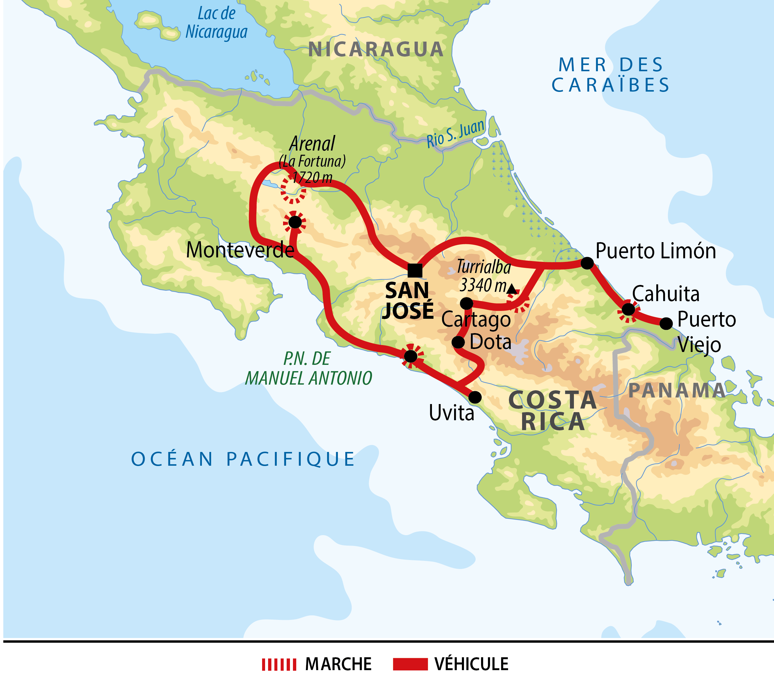 carte voyage du voyage randonnée au Costa Rica UCORANDO