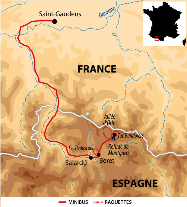 Carte voyage France Pyrenees Montgarri Neige Reveillon Raquettes