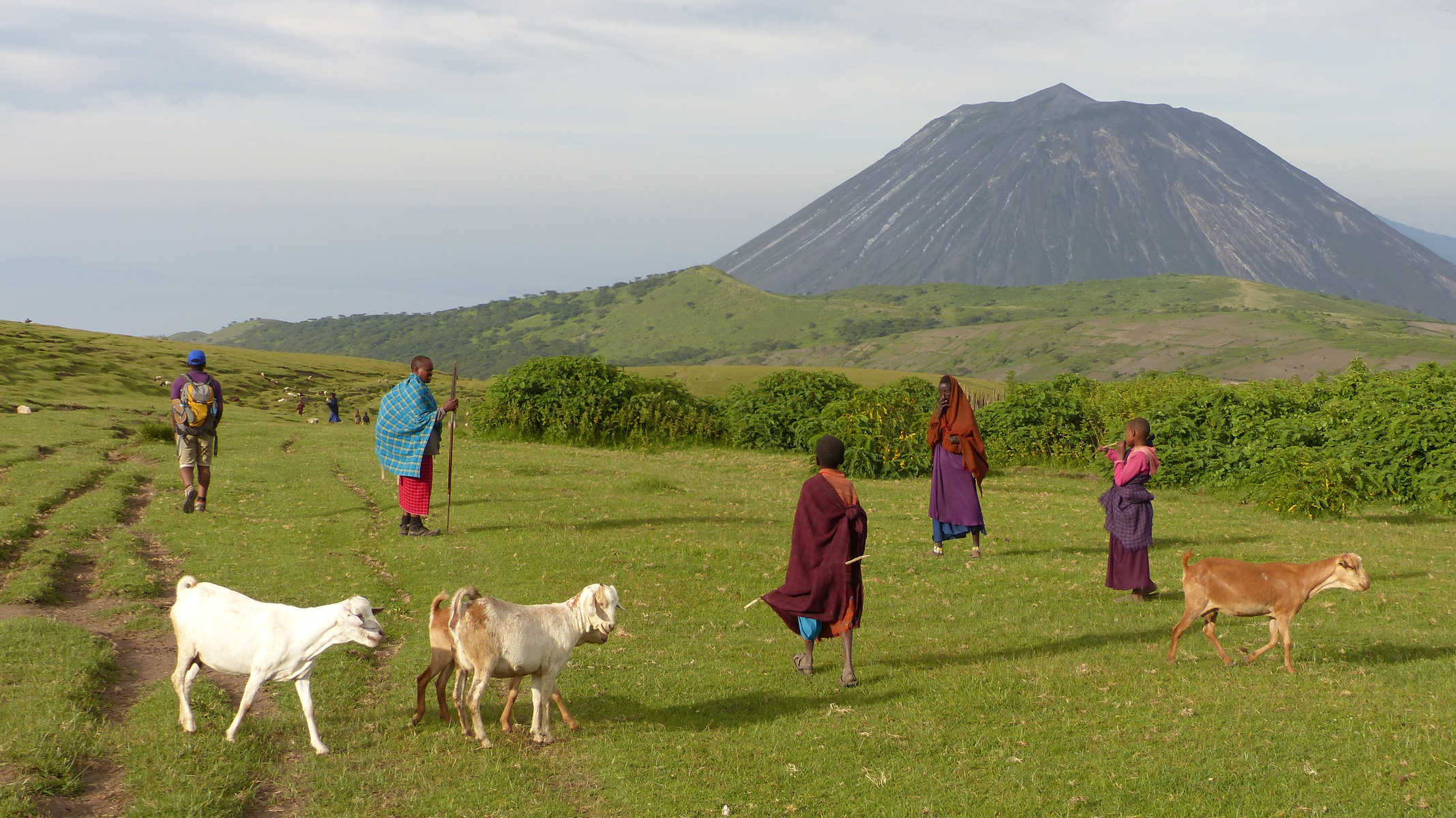 Ambiance lors d'un trek en compagnie des Masai, le volcan lengai en toile de fond