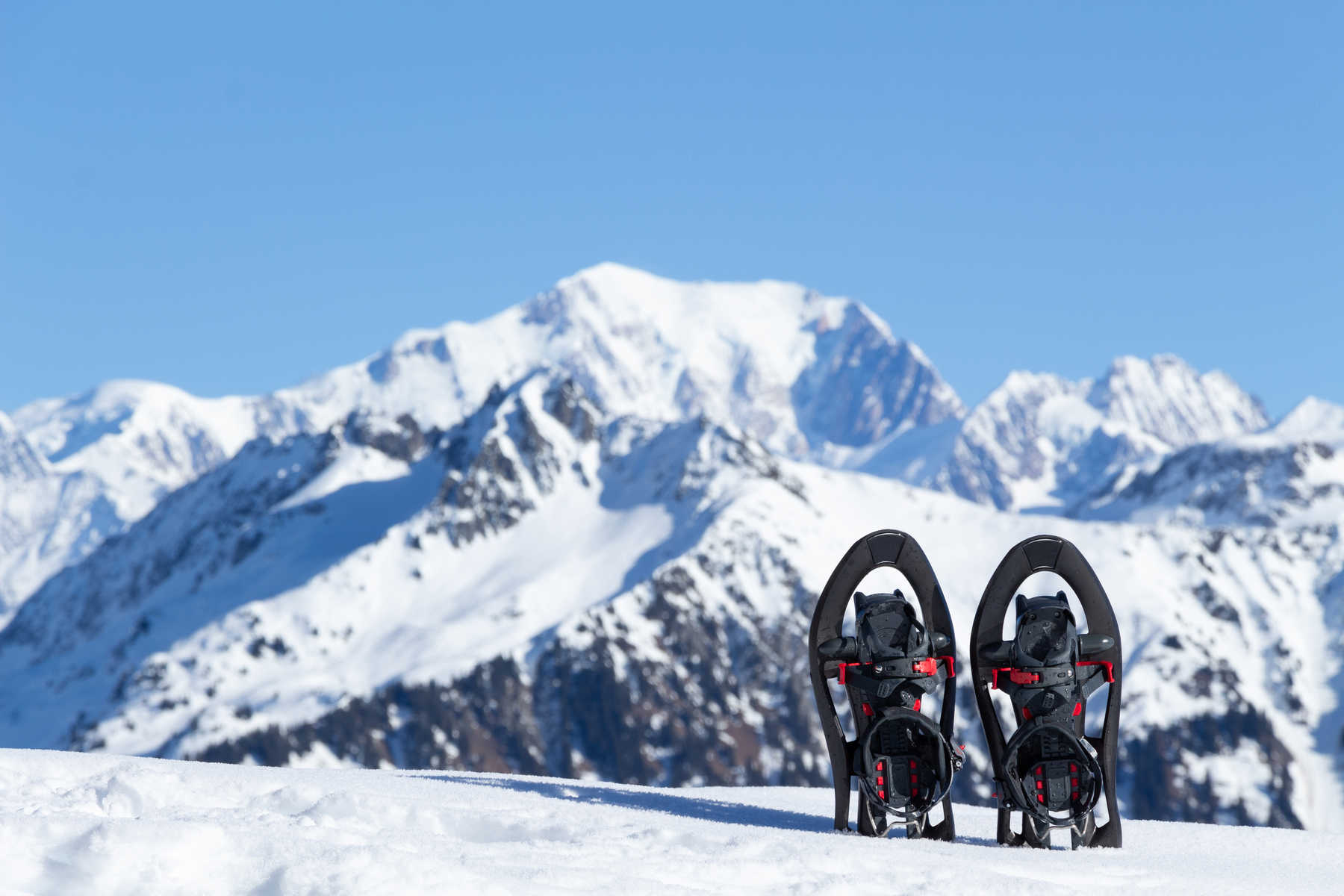 Raquettes devant le massif du Mont-Blanc