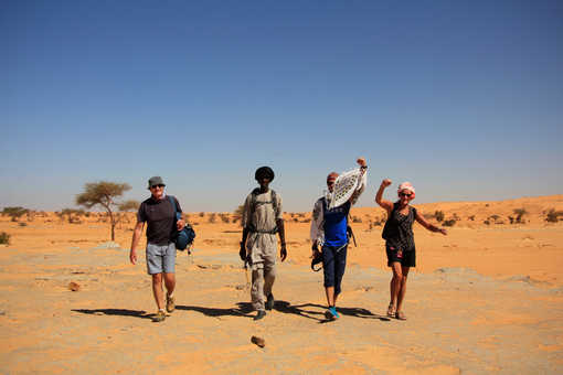 Randonneurs dans les dunes de l'Erg Ouarane en Mauritanie