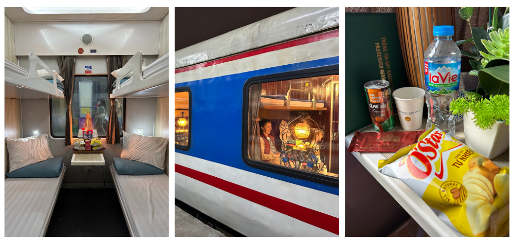 Couchette avec 4 lit dans le train de Hanoi à Hué, extérieur du train le Laman Express, Plateau repas de bienvenue dans le train vietnamien, Vietnam
