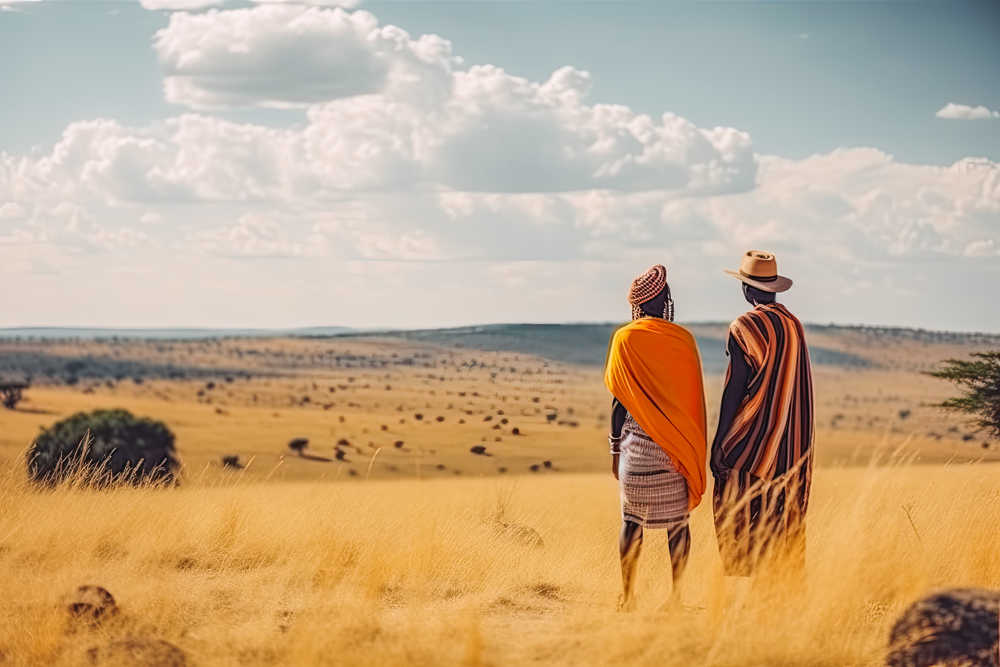 Couple de voyageurs au Kenya observant le paysage de savane devant eux