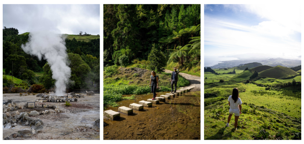 Fumerolles, randonneuses et son guide, voyageuse devant un paysage aux Açores