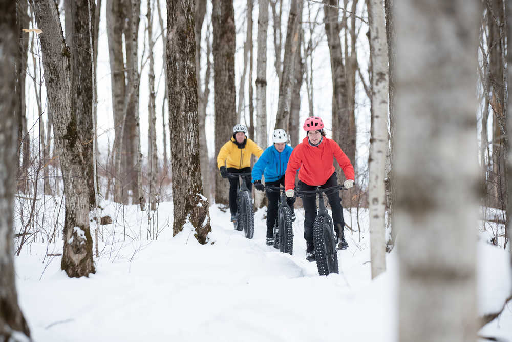 Groupe d'amis roulant sur leur fat bike dans la neige, Canada