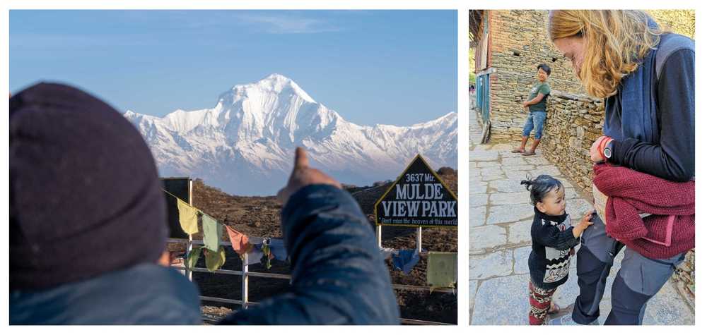 homme-montre-himalaya-et-femme-voyageur-avec-population-locale