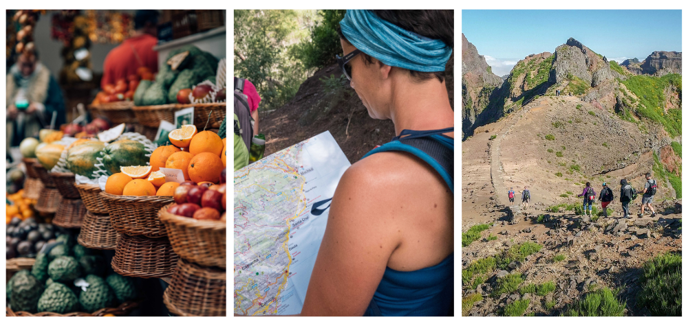 Marché à Funchal, randonneuse lisant une carte sur un parcours de randonnée, petit groupe de randonneurs sur les crêtes de l'île de Madère