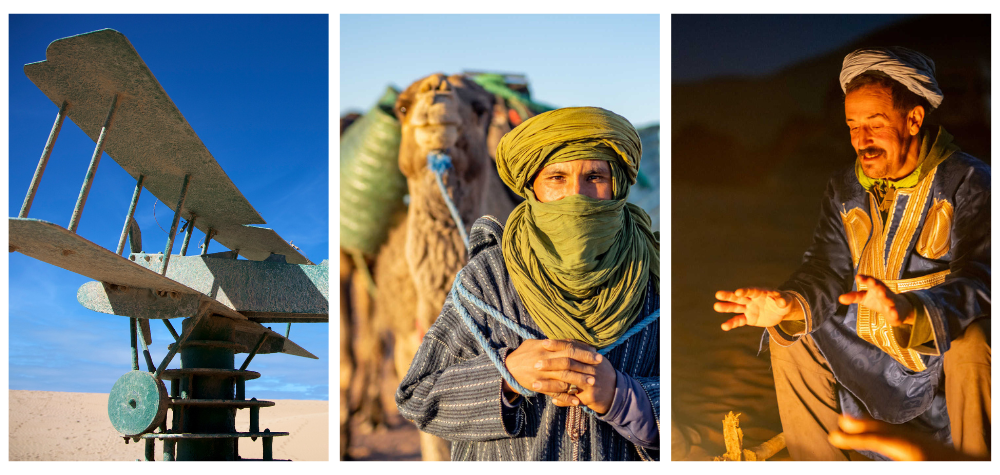 Mémorial de Saint-Exupéry au Maroc, local et son chameau, local devant un feu au Maroc