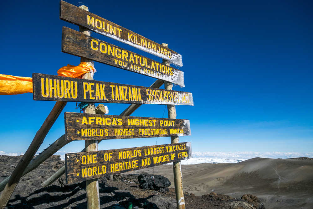 Panneau indiquant l'arrivée au sommet du Kilimandjaro en Tanzanie