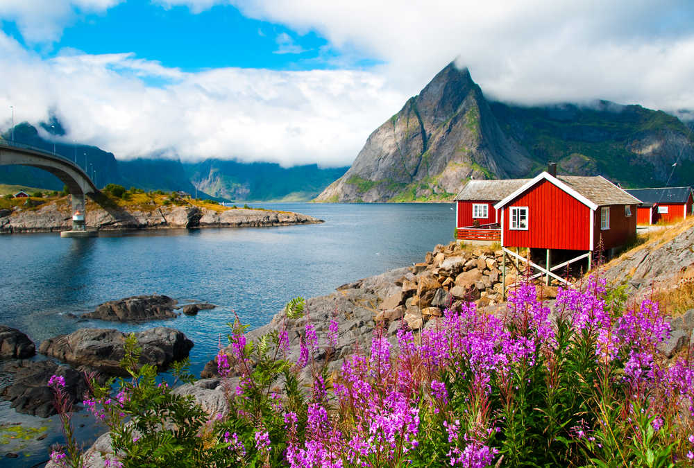 Paysage des îles Lofoten avec des maisons rouges typiques, Norvège