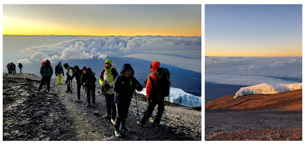 Petit groupe de randonneur au sommet du Kilimandjaro au lever du soleil et  vue un glacier du Kilimandjaro, Tanzanie