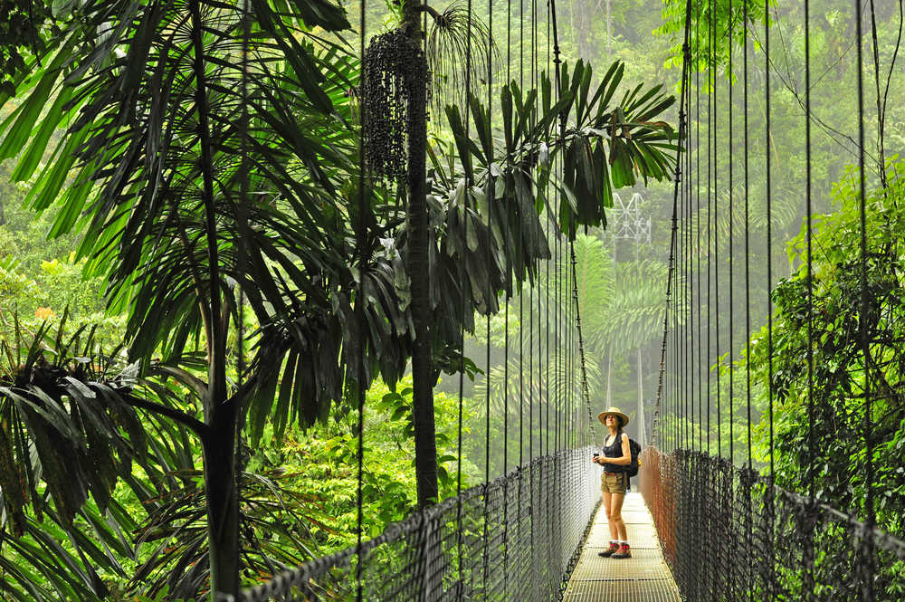 Photo d'un pont suspendu au pied du volcan Arenal au Costa Rica