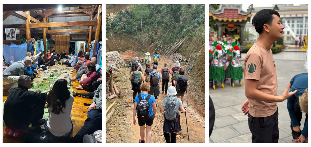 Repas chez l'habitant, petit groupe de randonneurs durant un trek au Vitenam, et Diepp, guide local Atalante, Vietnam