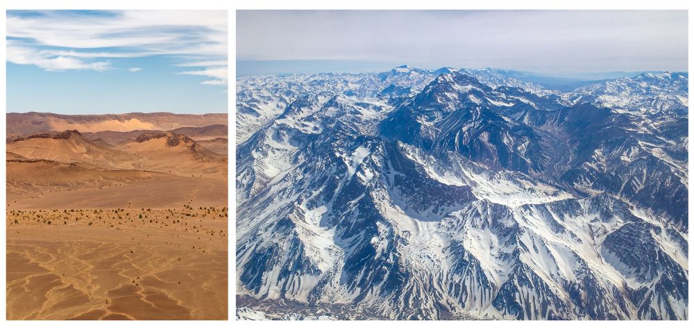 Sahara vue du ciel au Maroc, et Cordillère des Andes vue du ciel au Pérou