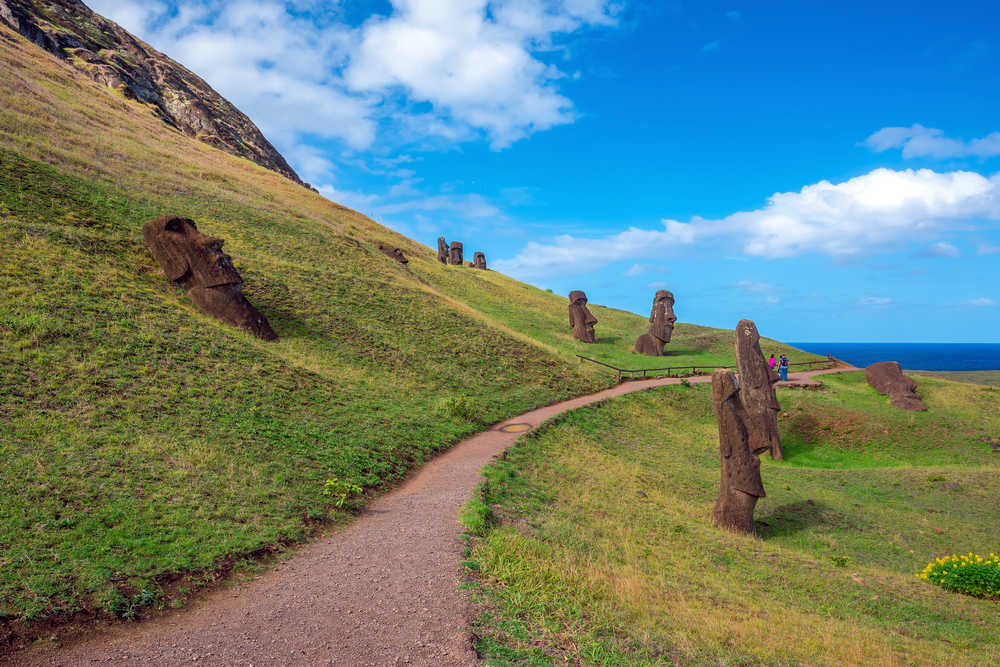 Sentier avec les statues moaï sur l'île de Pâques au Chili