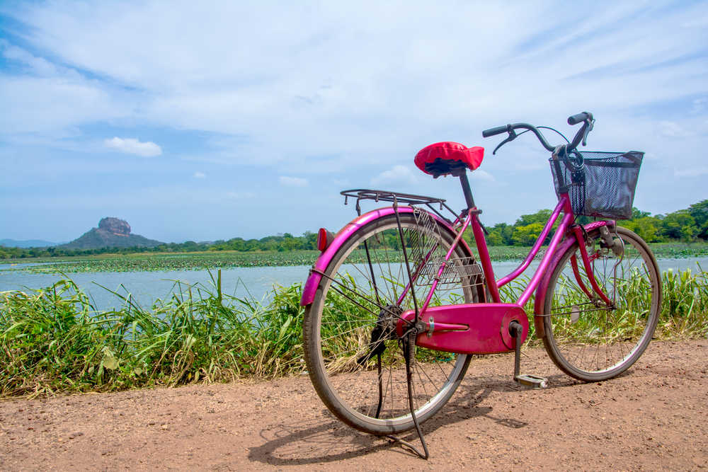 Vélo devant un lac et le rocher du lion sur une route de village à proximité de Sigiriya au Sri Lanka