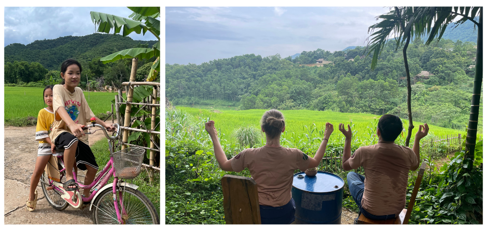 Voyageurs admirant le paysage et fillettes à vélo au Vietnam