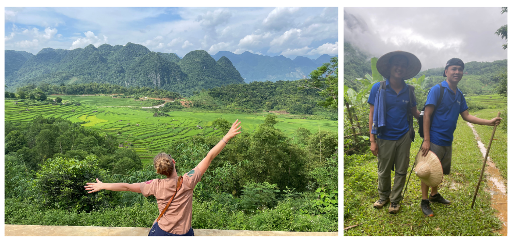 Voyageuse appréciant le paysages et guides en randonnée au Vietnam