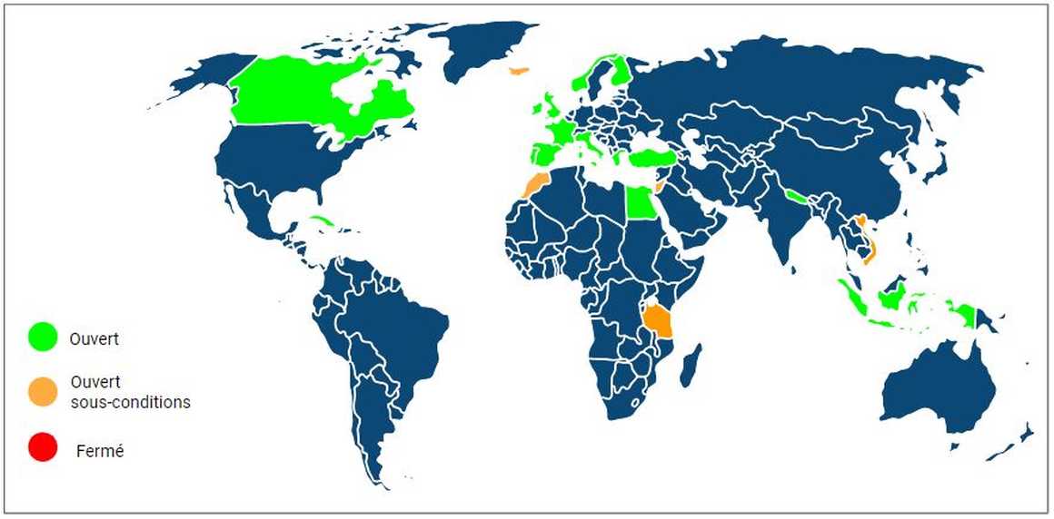 Carte des pays du monde en fonction des restrictions sanitaires liées au covid 19