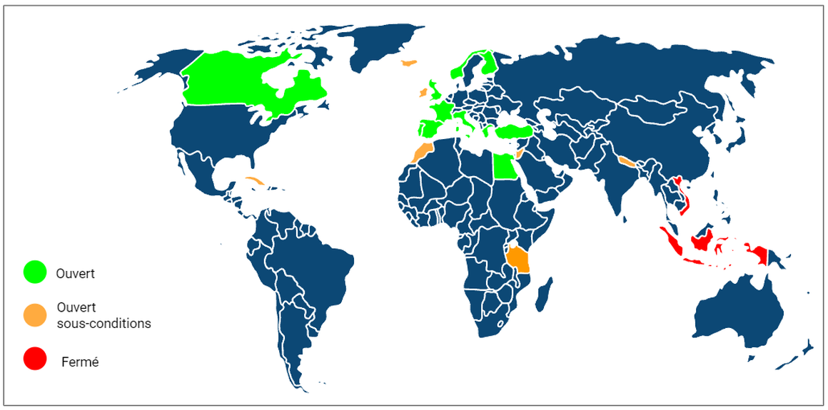 Carte des pays ou les voyageurs avec un vaccin sont acceptés