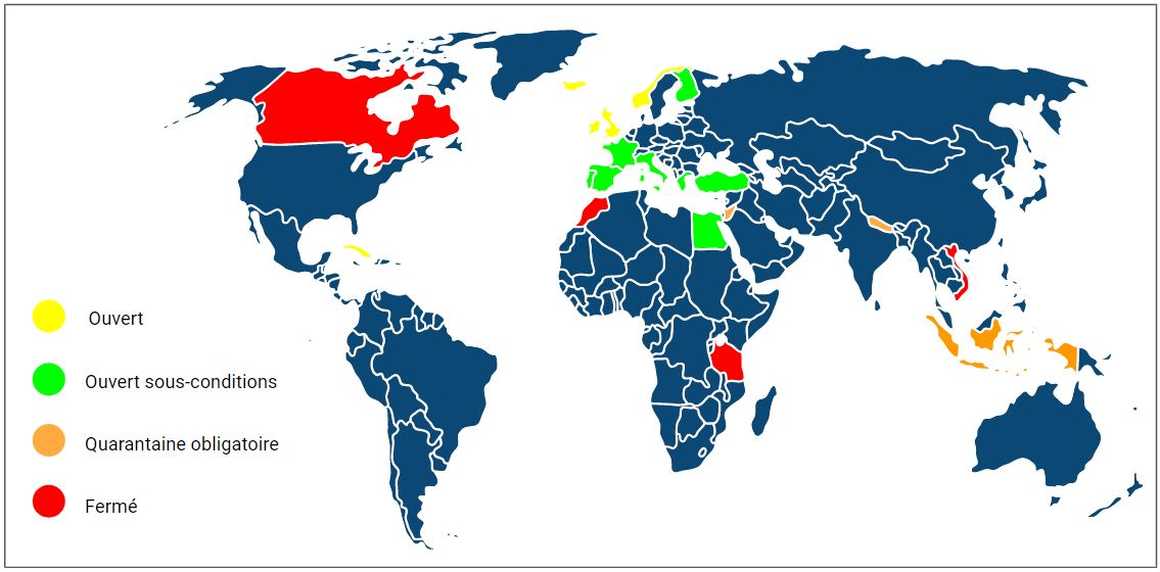 carte du monde avec les restrictions covid par pays