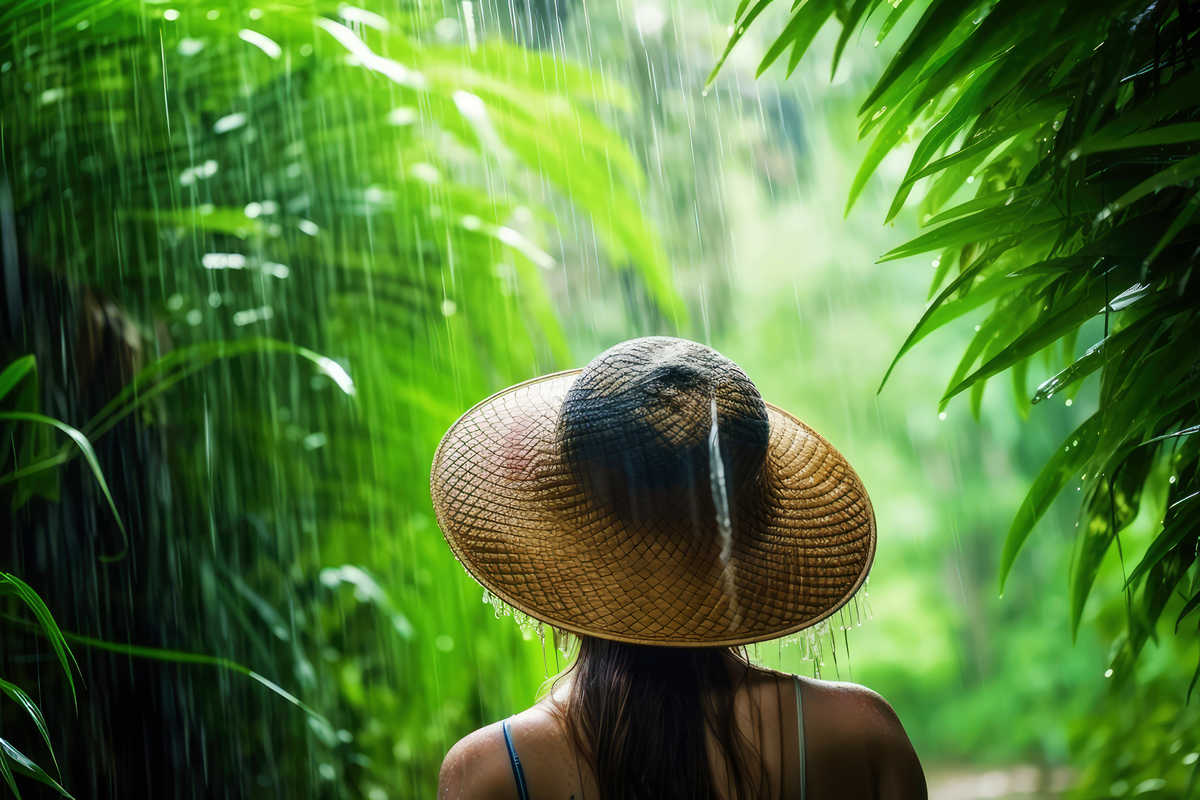 Femme avec chapeau de paille sous la pluie en Indonésie