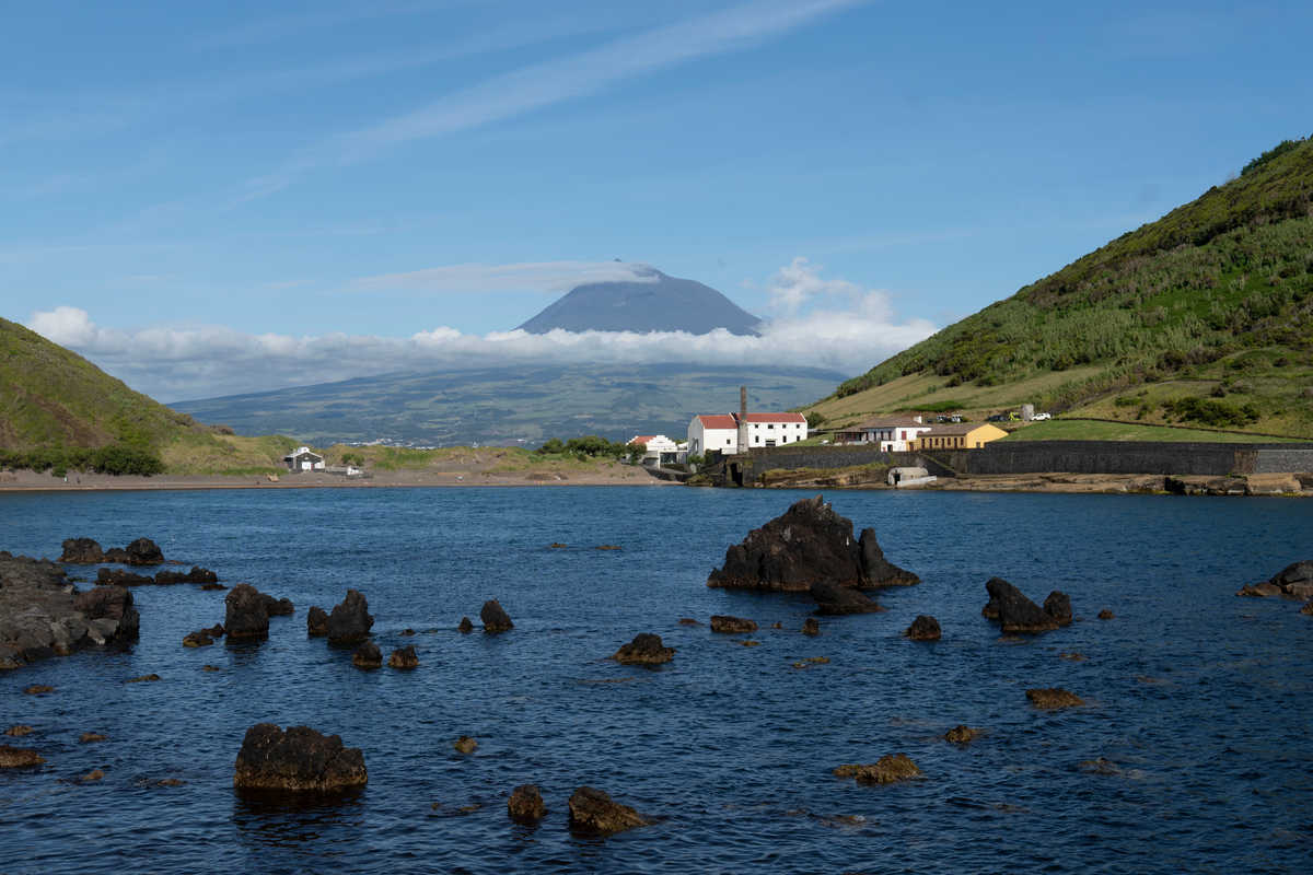 Vue sur Pico depuis la plage de Porto Pim sur l'île de Faial aux Açores