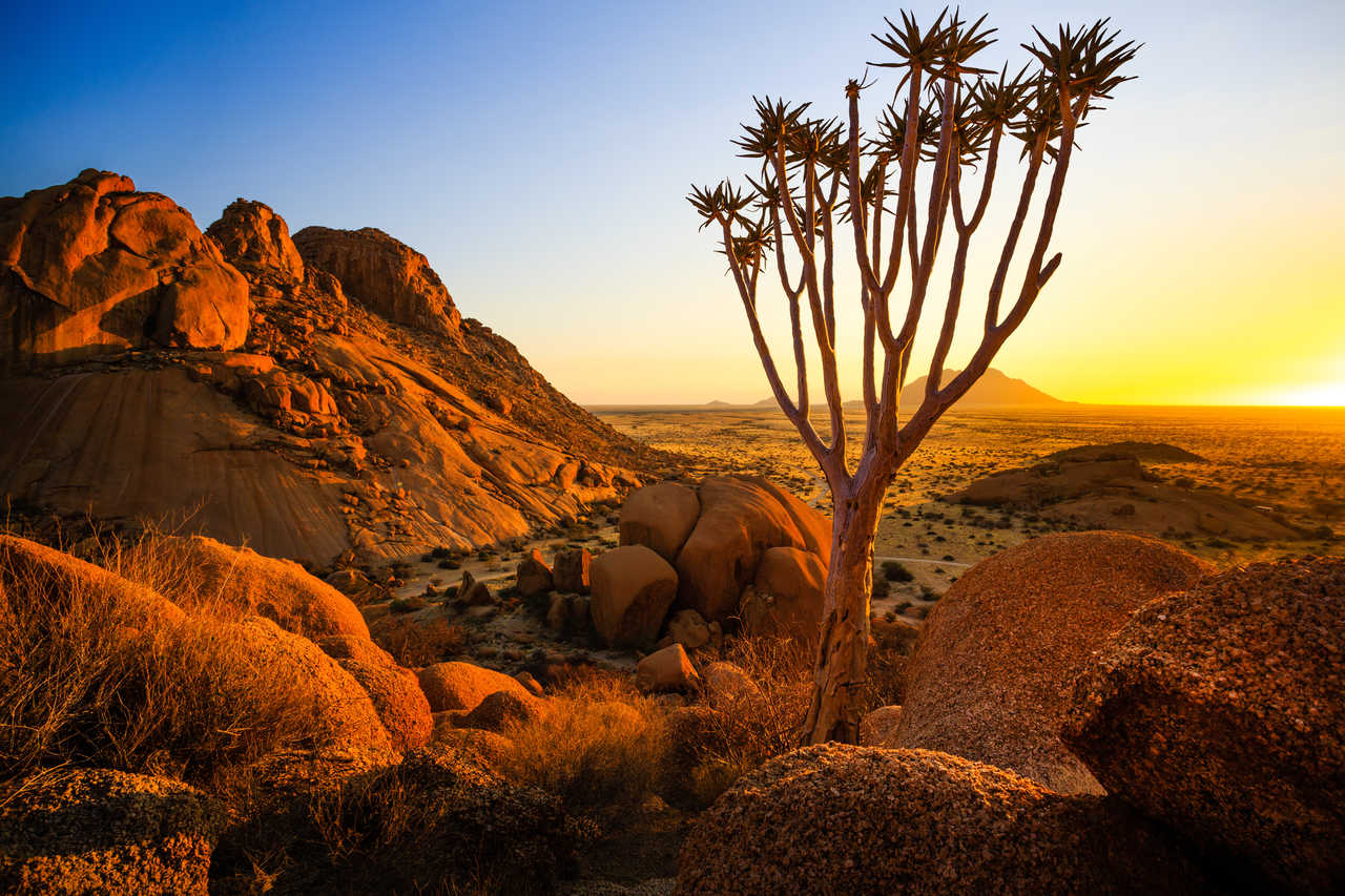 Coucher de soleil à Spitzkoppe en Namibie
