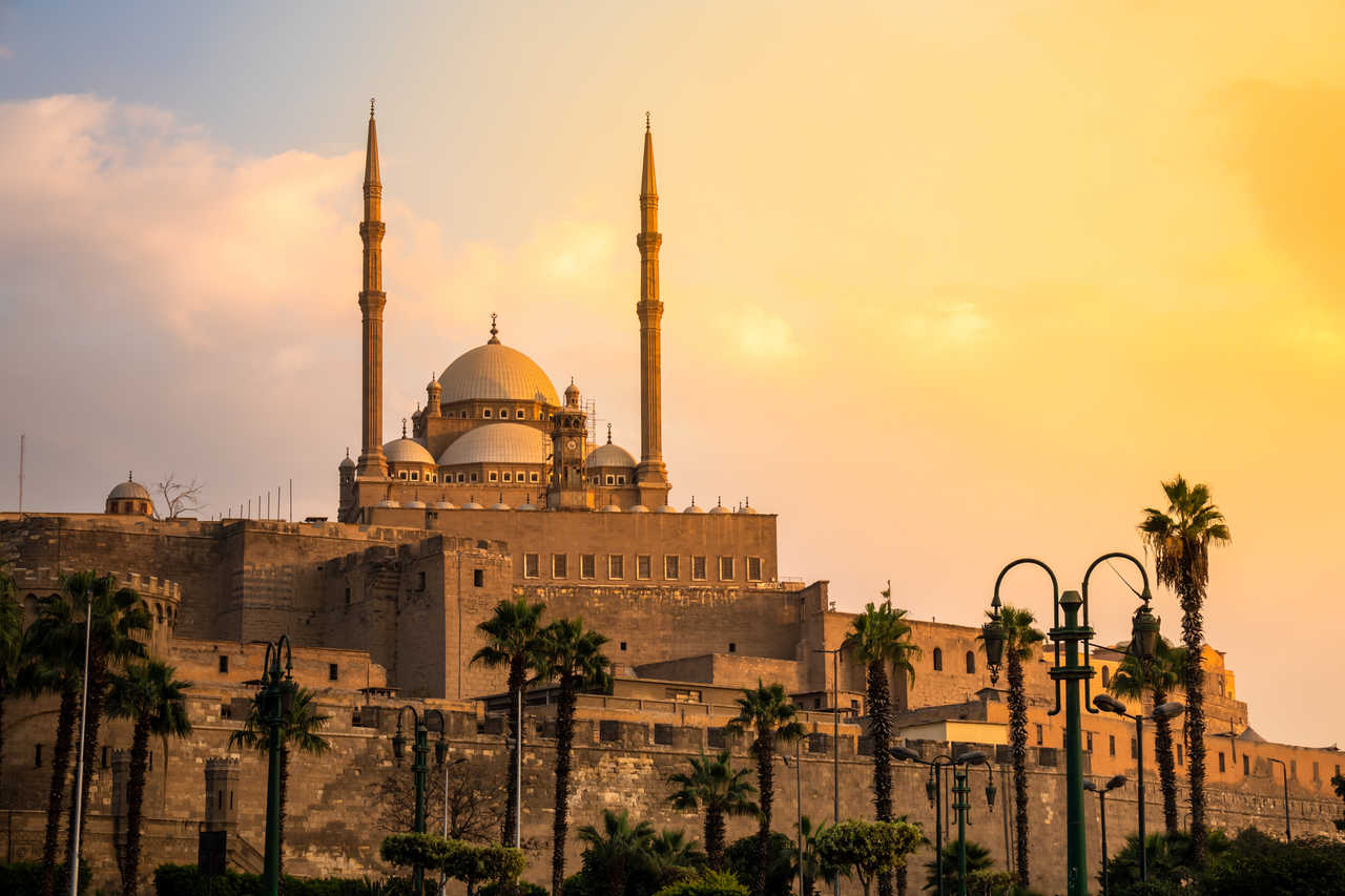 Coucher de soleil sur la Mosquée Mohammed Ali au Caire en Egypte