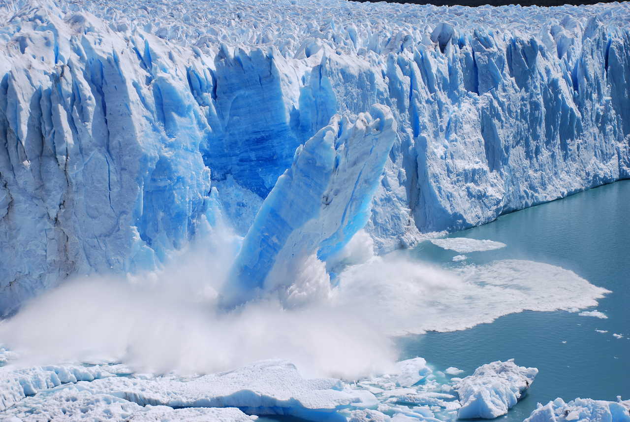 Effondrement spectaculaire d'un bloc de glace bleu azur se détachant de la paroi du glacier Perito Moreno dans l'eau turquoise en Patagonie argentine.