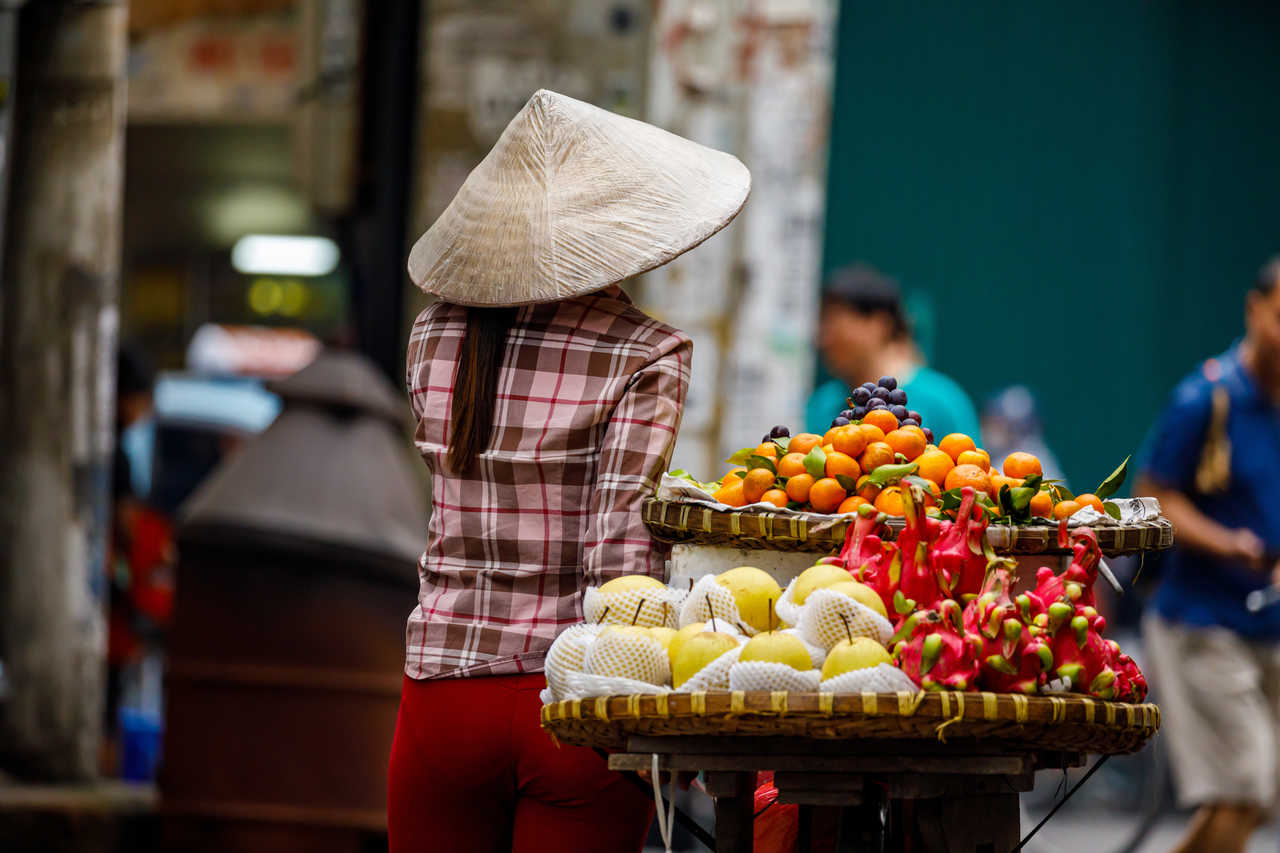 Femme vietnamienne au marché et son vélo rempli de fruits au Vietnam