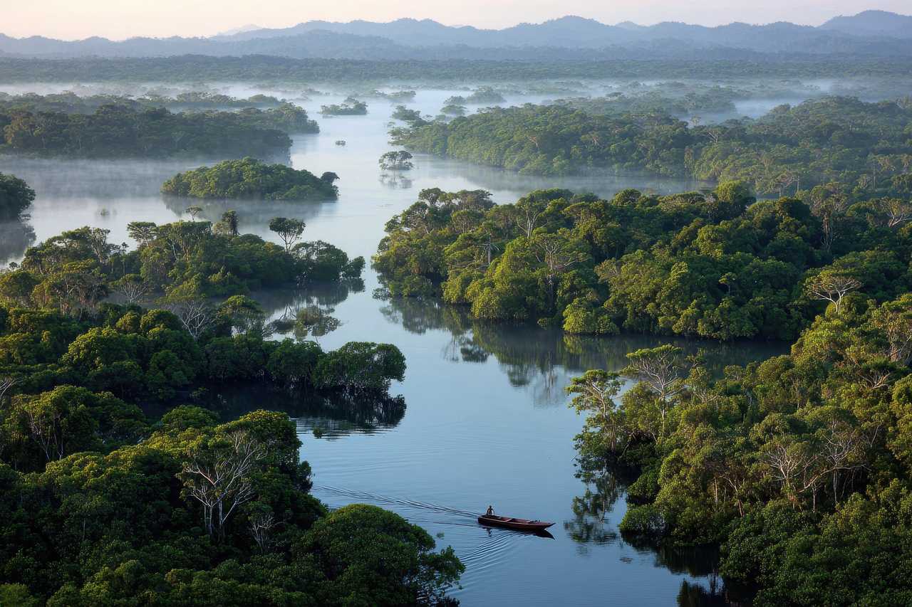 Forêt tropicale et fleuve sinueux au sein de l’archipel des Anavilhanas au Brésil