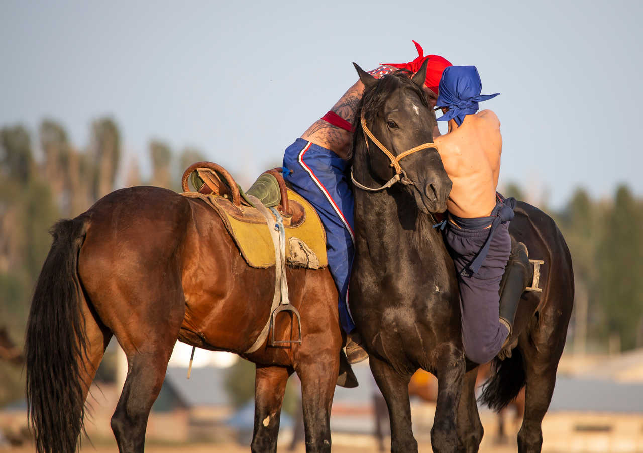 Hommes nomades luttant à cheval au Kirghizistan