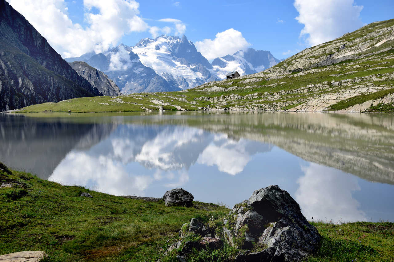 La Meije en toile de fond sur le Lac du Goléon, Massif des Ecrins, Alpes du sud